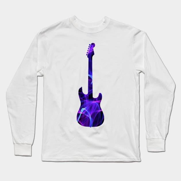 Purple Flame Guitar Silhouette on Black Long Sleeve T-Shirt by gkillerb